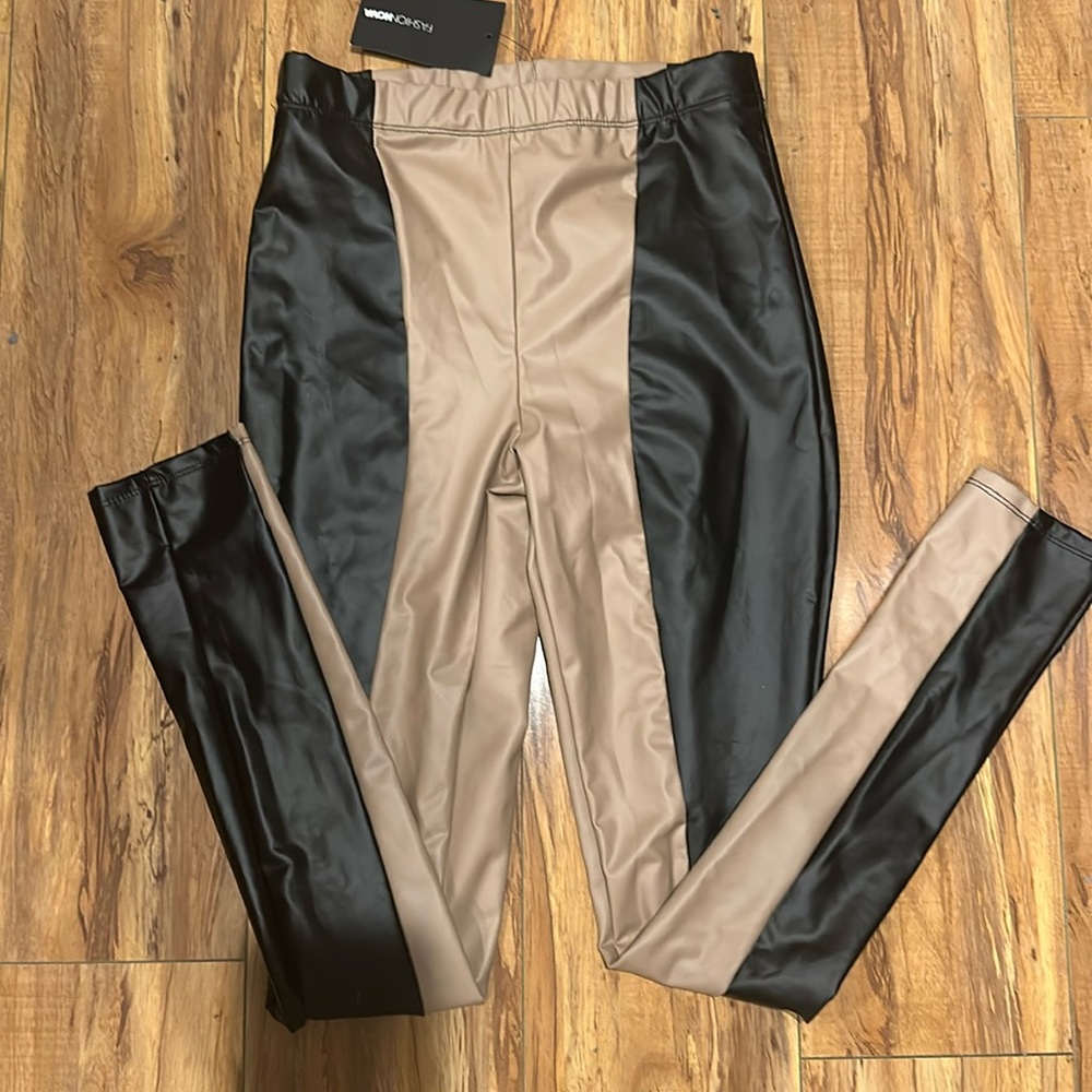 Black and beige leather pants